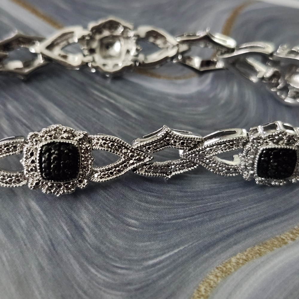 Silver-tone and Black Bracelet with Rhinestone Accents
